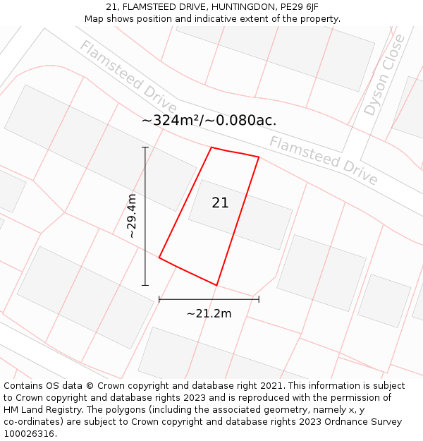 21, FLAMSTEED DRIVE, HUNTINGDON, PE29 6JF: Plot and title map