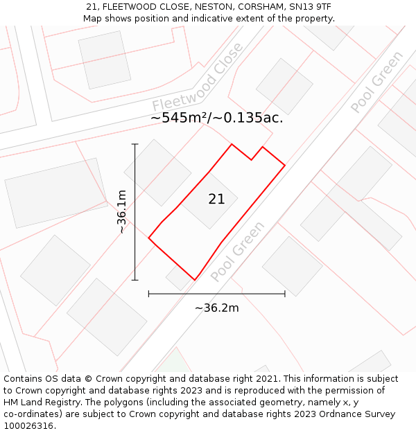 21, FLEETWOOD CLOSE, NESTON, CORSHAM, SN13 9TF: Plot and title map