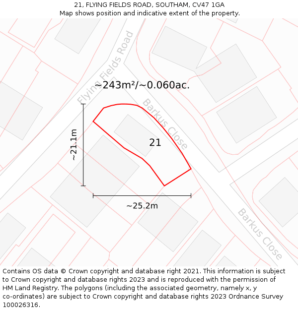 21, FLYING FIELDS ROAD, SOUTHAM, CV47 1GA: Plot and title map