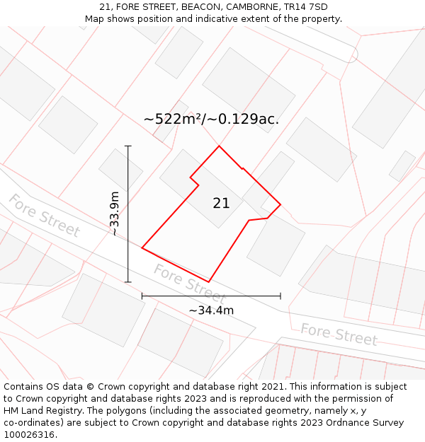 21, FORE STREET, BEACON, CAMBORNE, TR14 7SD: Plot and title map