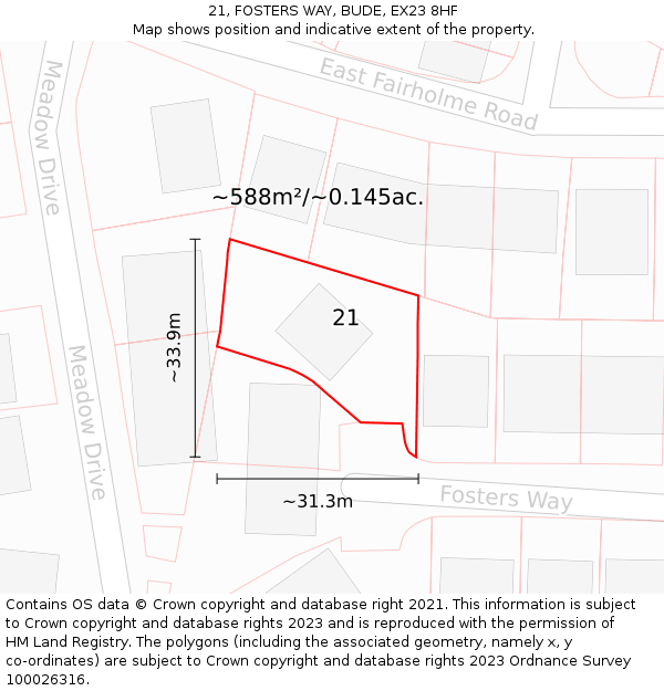 21, FOSTERS WAY, BUDE, EX23 8HF: Plot and title map