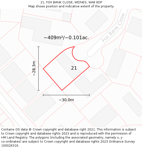 21, FOX BANK CLOSE, WIDNES, WA8 9DP: Plot and title map