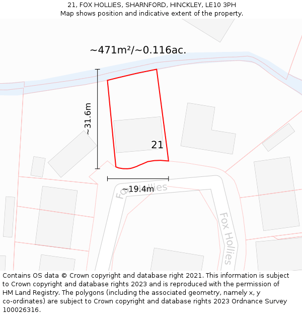 21, FOX HOLLIES, SHARNFORD, HINCKLEY, LE10 3PH: Plot and title map