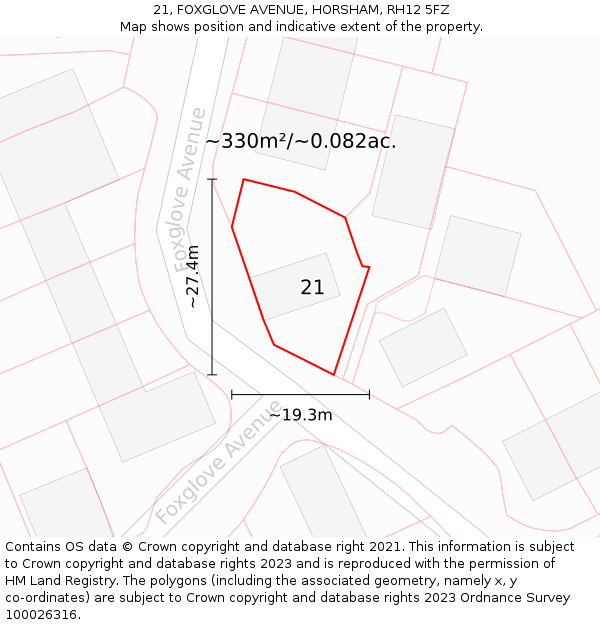 21, FOXGLOVE AVENUE, HORSHAM, RH12 5FZ: Plot and title map