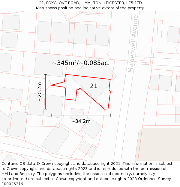 21, FOXGLOVE ROAD, HAMILTON, LEICESTER, LE5 1TD: Plot and title map