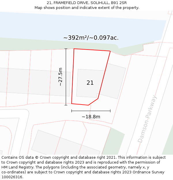 21, FRAMEFIELD DRIVE, SOLIHULL, B91 2SR: Plot and title map