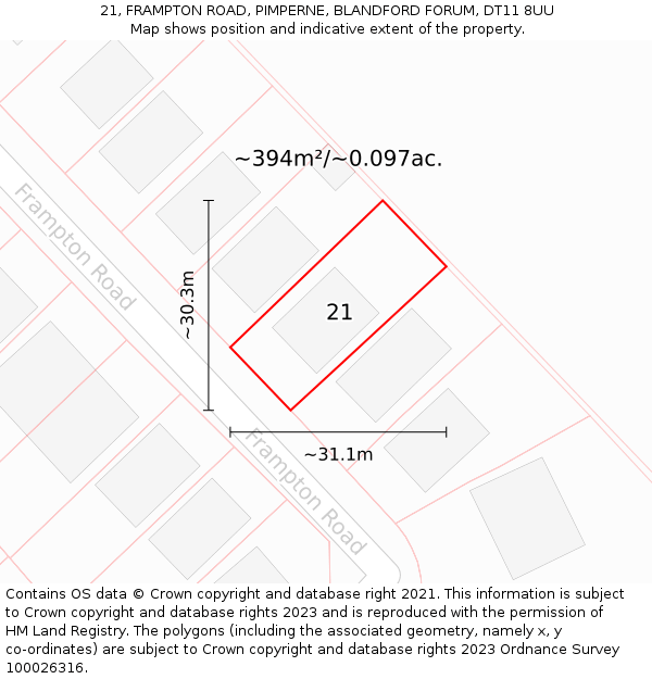 21, FRAMPTON ROAD, PIMPERNE, BLANDFORD FORUM, DT11 8UU: Plot and title map