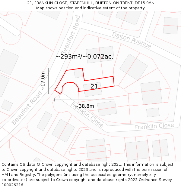 21, FRANKLIN CLOSE, STAPENHILL, BURTON-ON-TRENT, DE15 9AN: Plot and title map