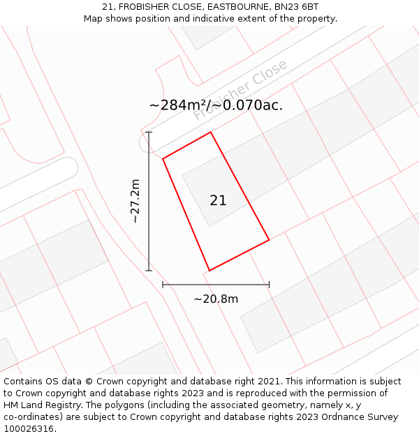 21, FROBISHER CLOSE, EASTBOURNE, BN23 6BT: Plot and title map