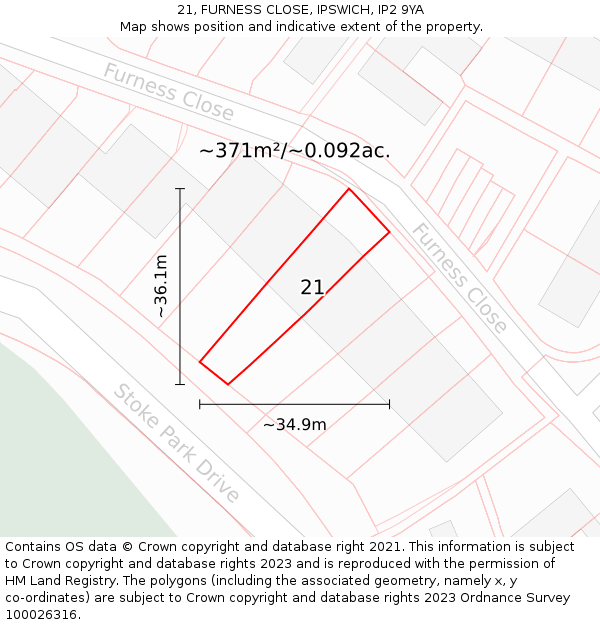 21, FURNESS CLOSE, IPSWICH, IP2 9YA: Plot and title map