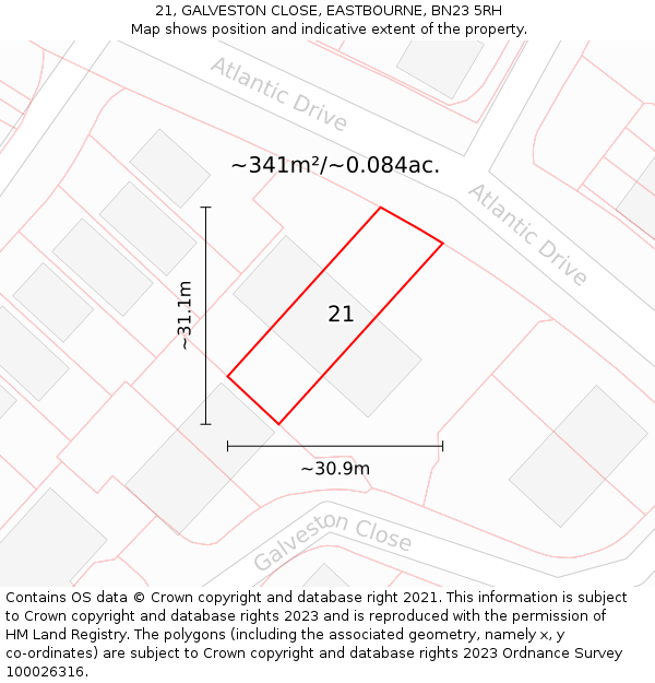 21, GALVESTON CLOSE, EASTBOURNE, BN23 5RH: Plot and title map