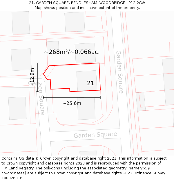 21, GARDEN SQUARE, RENDLESHAM, WOODBRIDGE, IP12 2GW: Plot and title map