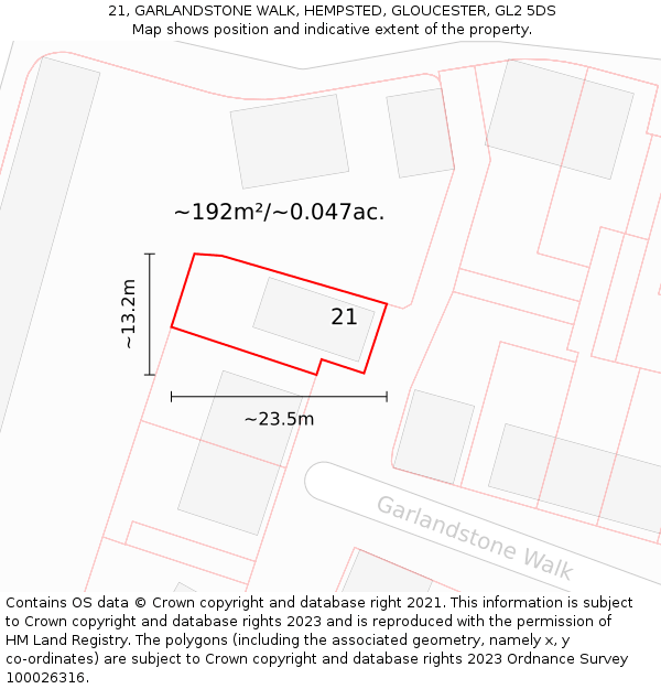 21, GARLANDSTONE WALK, HEMPSTED, GLOUCESTER, GL2 5DS: Plot and title map