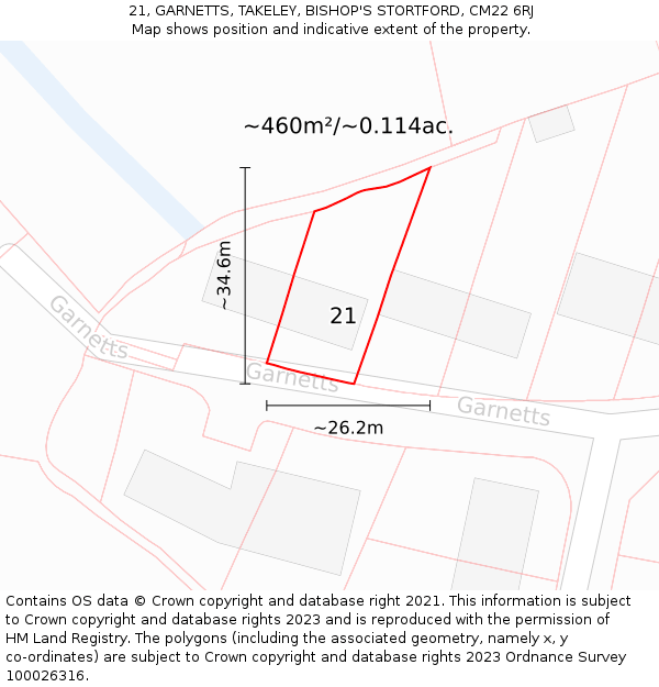 21, GARNETTS, TAKELEY, BISHOP'S STORTFORD, CM22 6RJ: Plot and title map