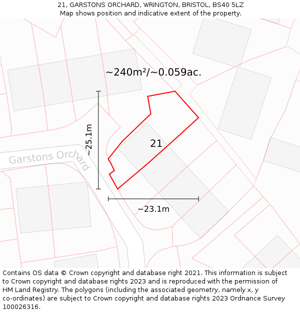21, GARSTONS ORCHARD, WRINGTON, BRISTOL, BS40 5LZ: Plot and title map