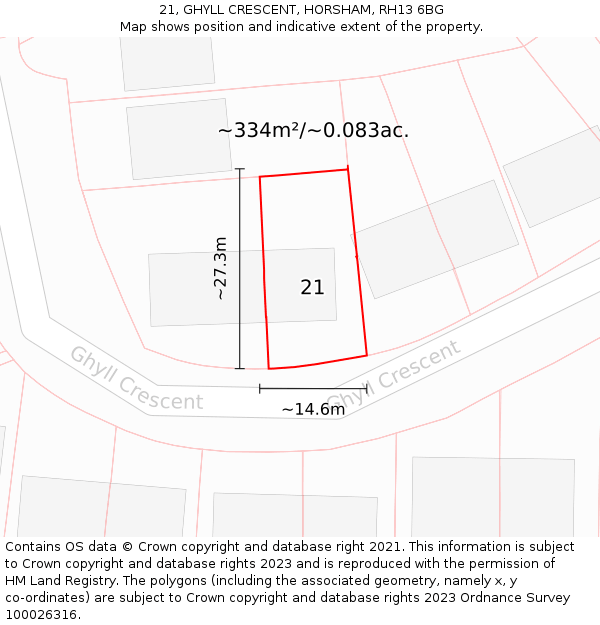 21, GHYLL CRESCENT, HORSHAM, RH13 6BG: Plot and title map