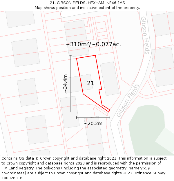 21, GIBSON FIELDS, HEXHAM, NE46 1AS: Plot and title map