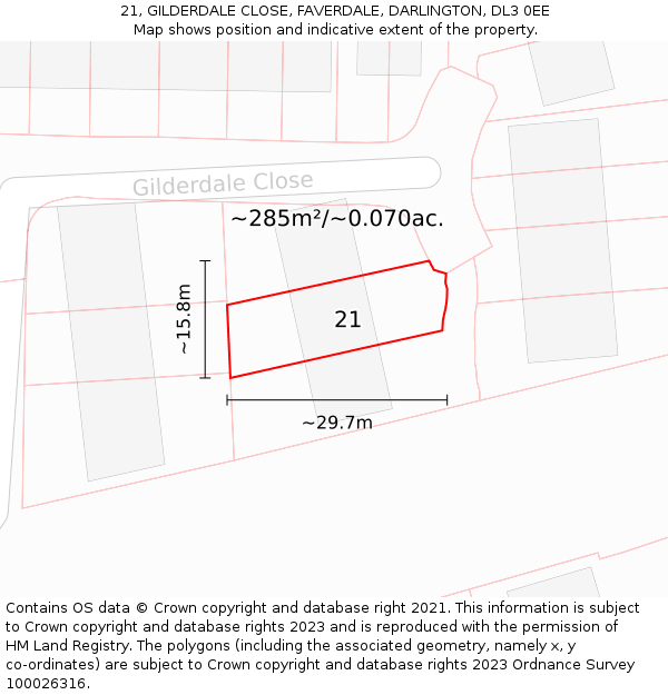 21, GILDERDALE CLOSE, FAVERDALE, DARLINGTON, DL3 0EE: Plot and title map