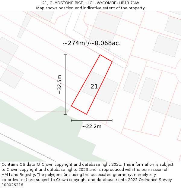 21, GLADSTONE RISE, HIGH WYCOMBE, HP13 7NW: Plot and title map