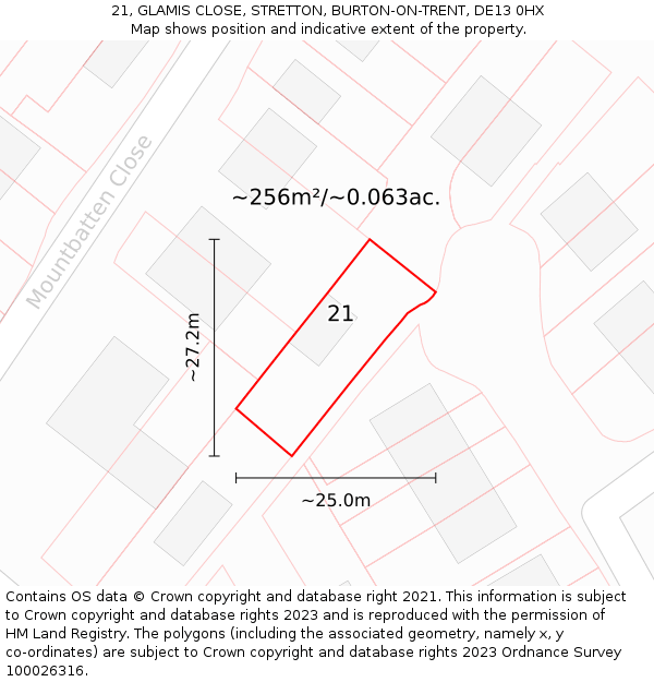 21, GLAMIS CLOSE, STRETTON, BURTON-ON-TRENT, DE13 0HX: Plot and title map
