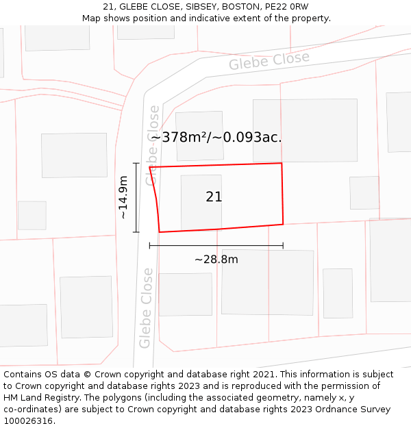 21, GLEBE CLOSE, SIBSEY, BOSTON, PE22 0RW: Plot and title map