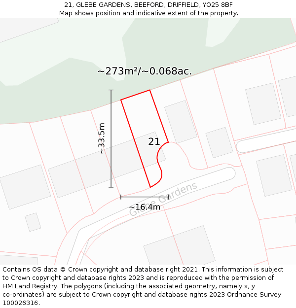 21, GLEBE GARDENS, BEEFORD, DRIFFIELD, YO25 8BF: Plot and title map