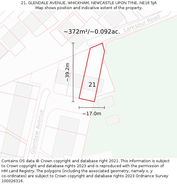 21, GLENDALE AVENUE, WHICKHAM, NEWCASTLE UPON TYNE, NE16 5JA: Plot and title map