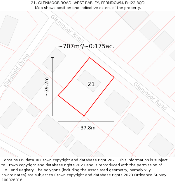 21, GLENMOOR ROAD, WEST PARLEY, FERNDOWN, BH22 8QD: Plot and title map