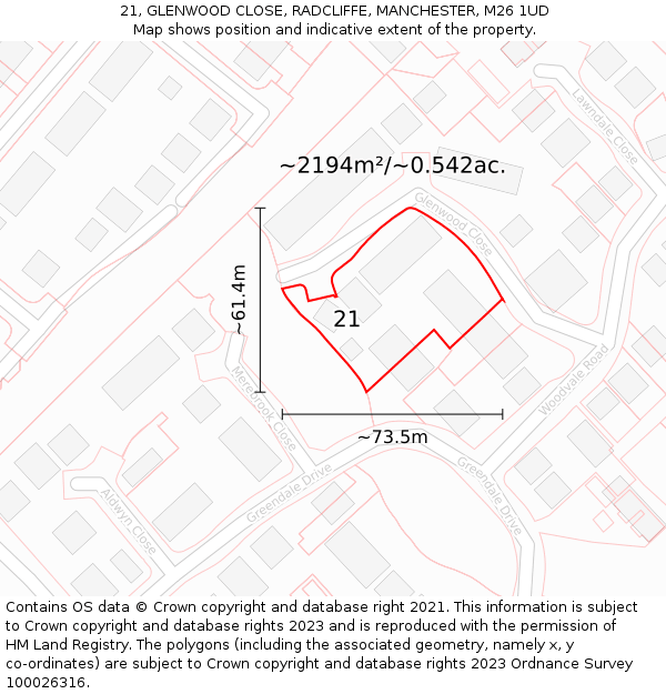 21, GLENWOOD CLOSE, RADCLIFFE, MANCHESTER, M26 1UD: Plot and title map