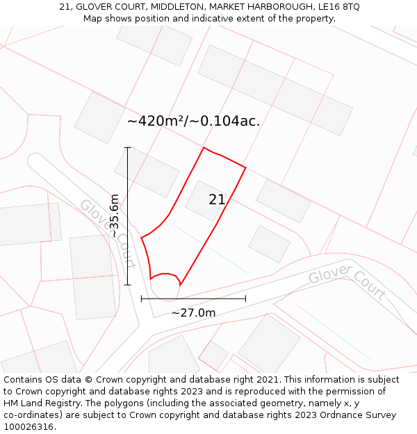 21, GLOVER COURT, MIDDLETON, MARKET HARBOROUGH, LE16 8TQ: Plot and title map