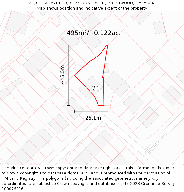 21, GLOVERS FIELD, KELVEDON HATCH, BRENTWOOD, CM15 0BA: Plot and title map