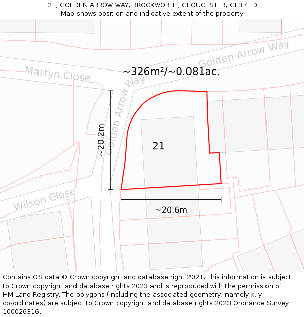 21, GOLDEN ARROW WAY, BROCKWORTH, GLOUCESTER, GL3 4ED: Plot and title map