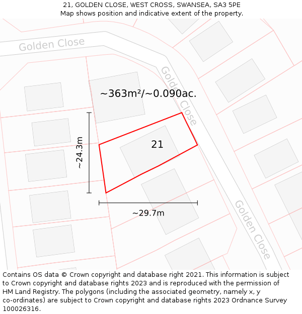 21, GOLDEN CLOSE, WEST CROSS, SWANSEA, SA3 5PE: Plot and title map