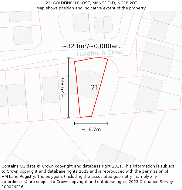 21, GOLDFINCH CLOSE, MANSFIELD, NG18 2QT: Plot and title map