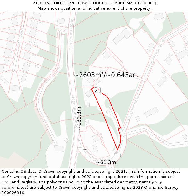 21, GONG HILL DRIVE, LOWER BOURNE, FARNHAM, GU10 3HQ: Plot and title map