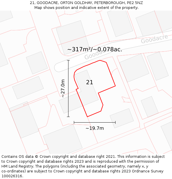 21, GOODACRE, ORTON GOLDHAY, PETERBOROUGH, PE2 5NZ: Plot and title map