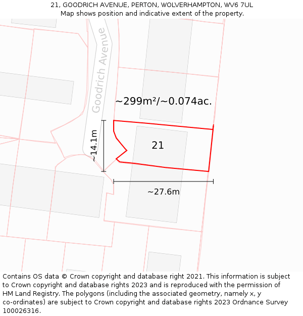 21, GOODRICH AVENUE, PERTON, WOLVERHAMPTON, WV6 7UL: Plot and title map