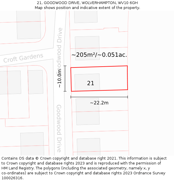 21, GOODWOOD DRIVE, WOLVERHAMPTON, WV10 6GH: Plot and title map