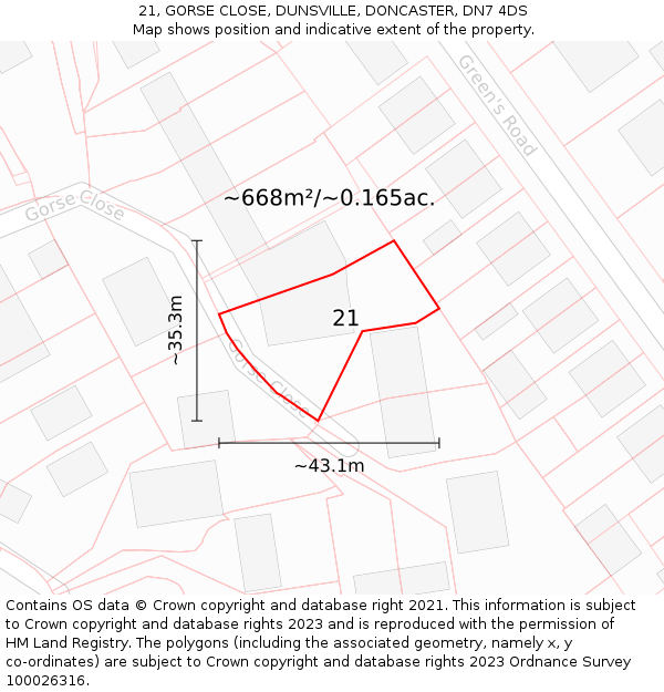 21, GORSE CLOSE, DUNSVILLE, DONCASTER, DN7 4DS: Plot and title map