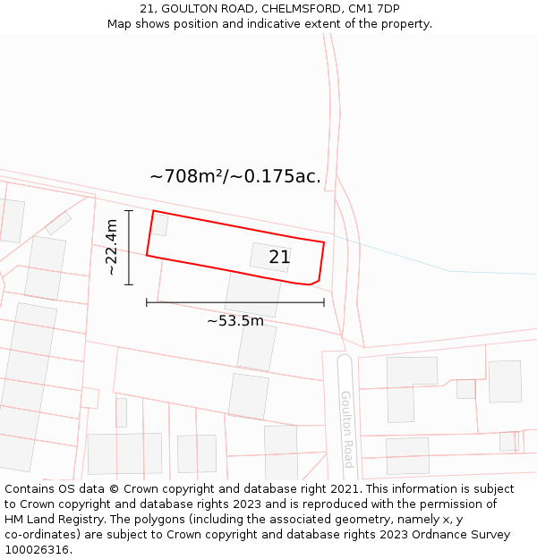 21, GOULTON ROAD, CHELMSFORD, CM1 7DP: Plot and title map
