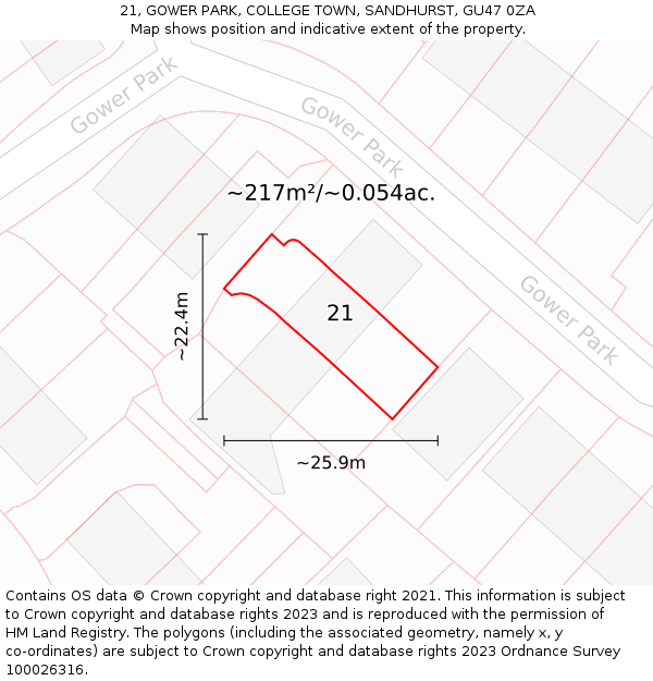 21, GOWER PARK, COLLEGE TOWN, SANDHURST, GU47 0ZA: Plot and title map