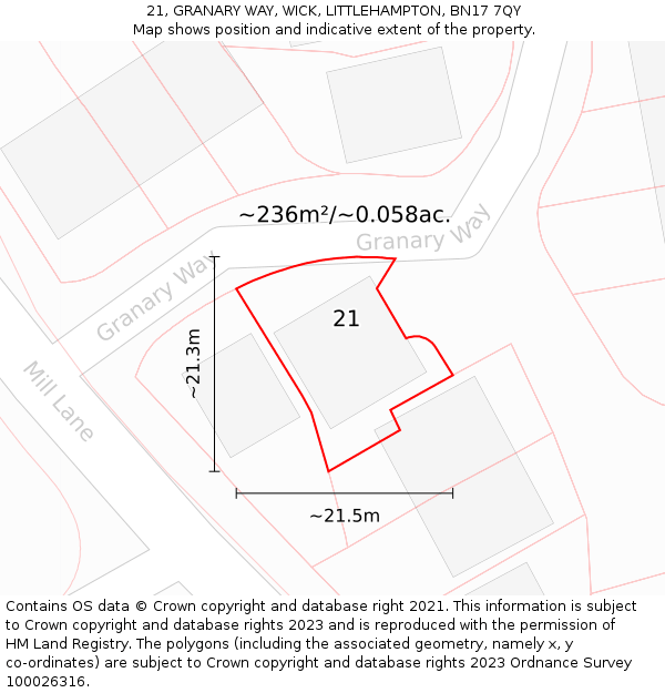 21, GRANARY WAY, WICK, LITTLEHAMPTON, BN17 7QY: Plot and title map