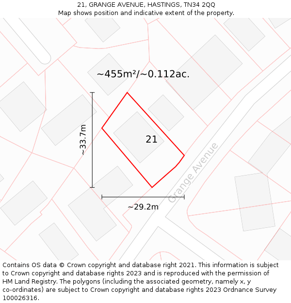 21, GRANGE AVENUE, HASTINGS, TN34 2QQ: Plot and title map