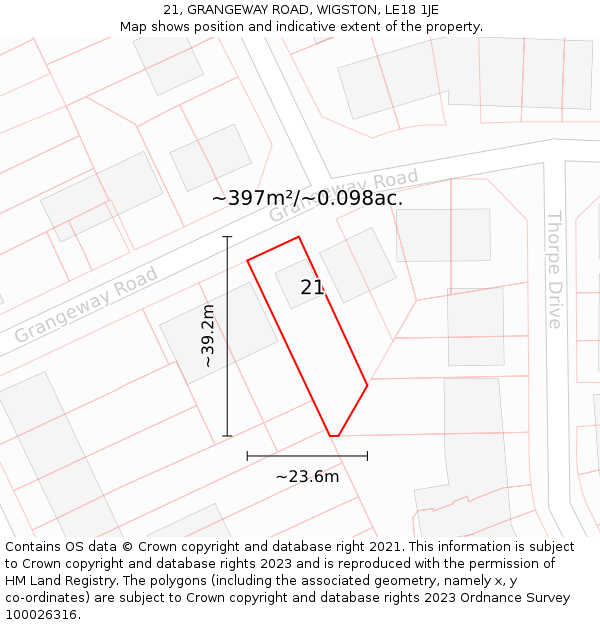 21, GRANGEWAY ROAD, WIGSTON, LE18 1JE: Plot and title map