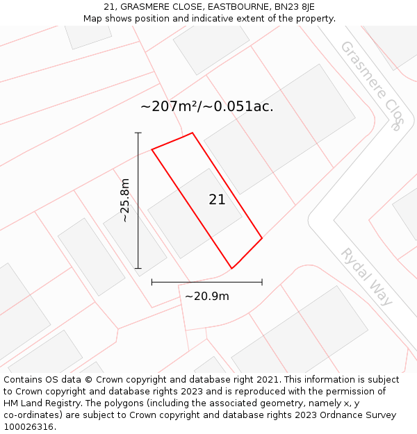21, GRASMERE CLOSE, EASTBOURNE, BN23 8JE: Plot and title map