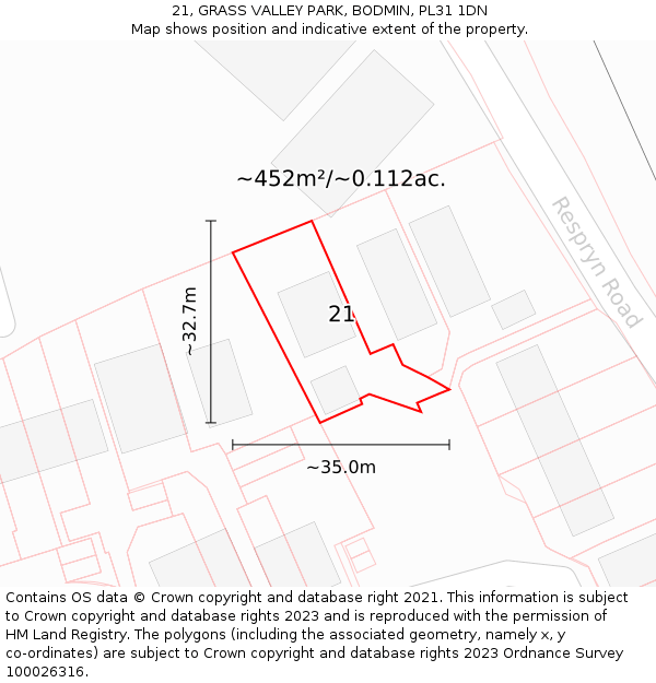 21, GRASS VALLEY PARK, BODMIN, PL31 1DN: Plot and title map
