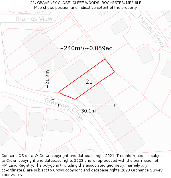 21, GRAVENEY CLOSE, CLIFFE WOODS, ROCHESTER, ME3 8LB: Plot and title map