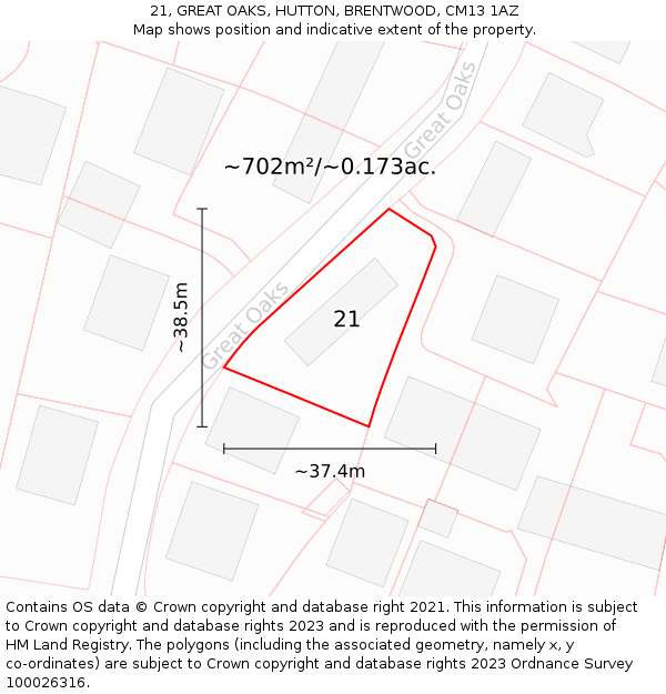 21, GREAT OAKS, HUTTON, BRENTWOOD, CM13 1AZ: Plot and title map