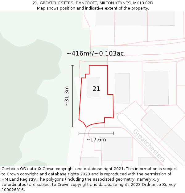 21, GREATCHESTERS, BANCROFT, MILTON KEYNES, MK13 0PD: Plot and title map