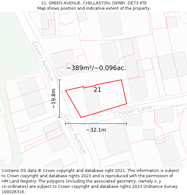 21, GREEN AVENUE, CHELLASTON, DERBY, DE73 6TE: Plot and title map